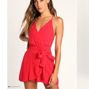 S Lulus Cue the Chic Red Faux-Wrap Romper